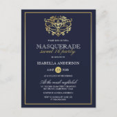 Elegant Navy Blue & Gold Masquerade Sweet 16 Party Uitnodiging Briefkaart (Voorkant)