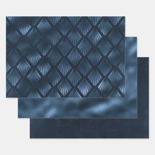 Elegant Navy Blue Gold Metallic Art Deco Inpakpapier Vel (Set)