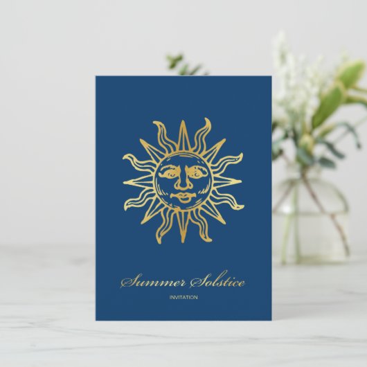 Elegant Navy Blue & Gold Metallic Summer Solstice Kaart (Staand voorkant)