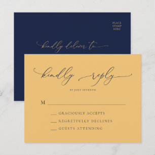 Elegant Navy Blue & Gold Minimal Wedding RSVP Briefkaart
