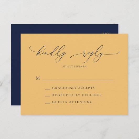 Elegant Navy Blue & Gold Minimal Wedding RSVP Briefkaart (Voorkant / Achterkant)