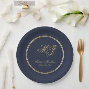 Elegant Navy Blue Gold Monogram bruiloft Papieren Bordje