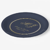 Elegant Navy Blue Gold Monogram bruiloft Papieren Bordje (Gekanteld)