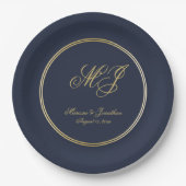Elegant Navy Blue Gold Monogram bruiloft Papieren Bordje (Voorkant)