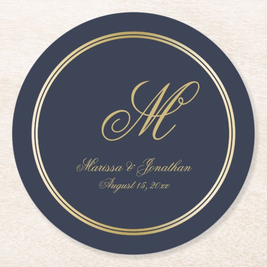Elegant Navy Blue Gold Monogram bruiloft Ronde Kartonnen Onderzetter (Voorkant)