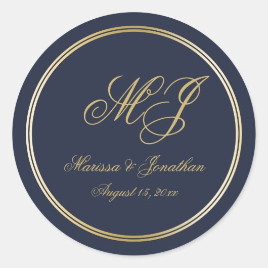 Elegant Navy Blue Gold Monogram bruiloft Ronde Sticker (Voorkant)