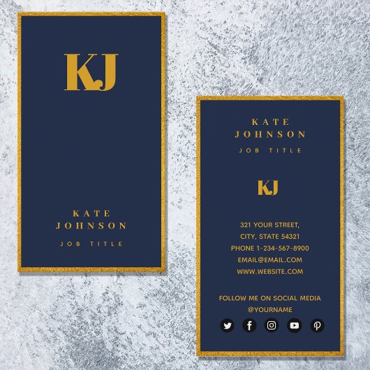 Elegant Navy Blue Gold Monogram Initialen Visitekaartje