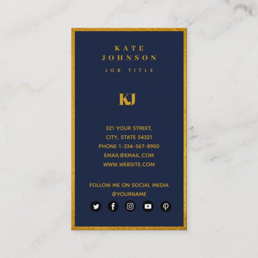 Elegant Navy Blue Gold Monogram Initialen Visitekaartje (Achterkant)