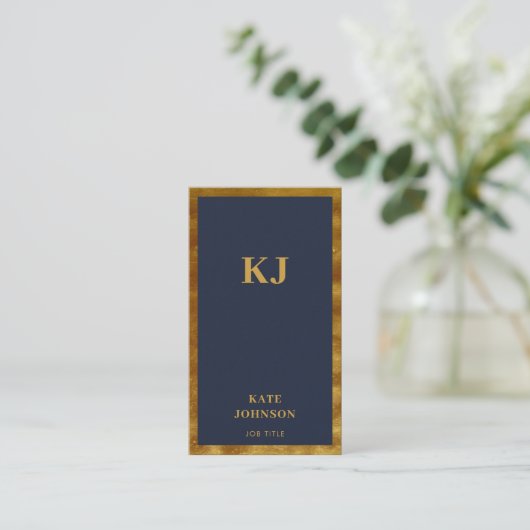 Elegant Navy Blue Gold Monogram Initialen Visitekaartje (Staand voorkant)