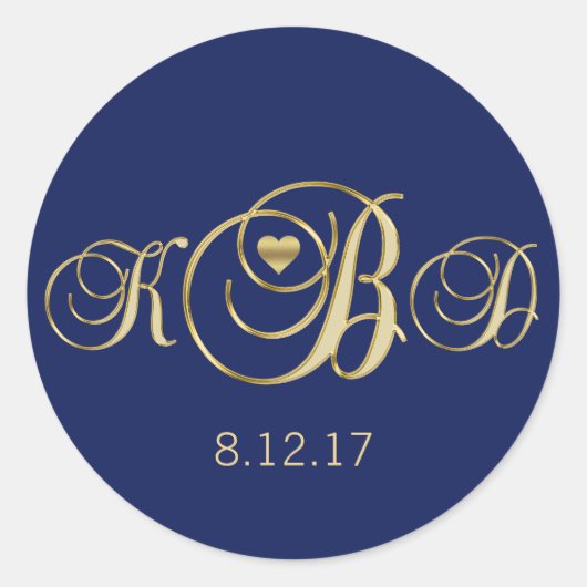 Elegant Navy Blue Gold Monogram Weddenschap Ronde Sticker (Voorkant)