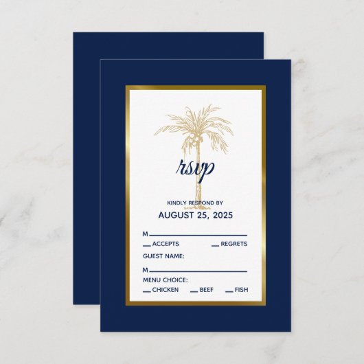 Elegant Navy Blue Gold Palm Tree Beach Weddenschap RSVP Kaartje (Voorkant / Achterkant)