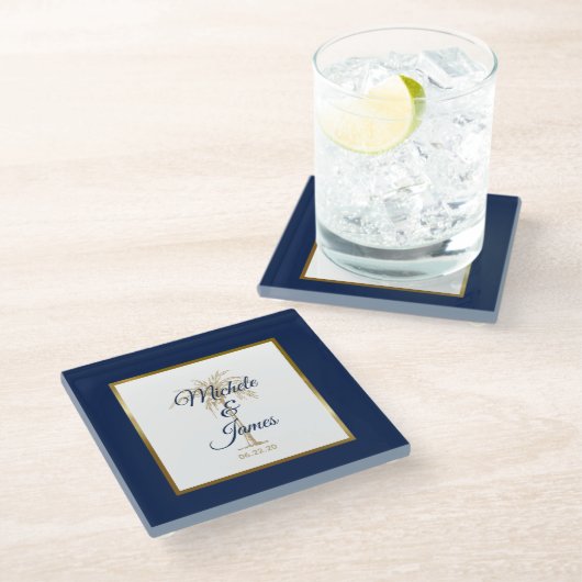 Elegant Navy Blue Gold Palm Tree Modern Weddenscha Glazen Onderzetter (Schuin)