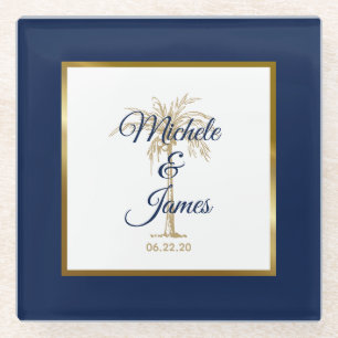Elegant Navy Blue Gold Palm Tree Modern Weddenscha Glazen Onderzetter