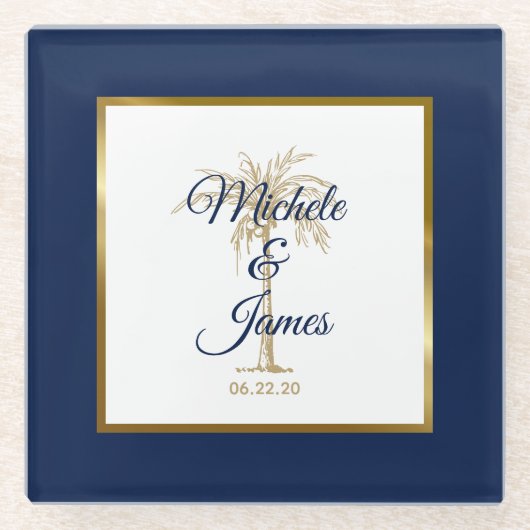 Elegant Navy Blue Gold Palm Tree Modern Weddenscha Glazen Onderzetter (Voorkant)