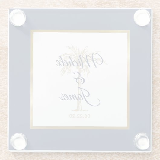 Elegant Navy Blue Gold Palm Tree Modern Weddenscha Glazen Onderzetter (Achterkant)