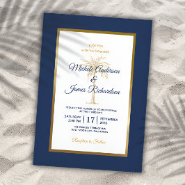 Elegant Navy Blue Gold Palm Tree Modern Weddenscha Kaart