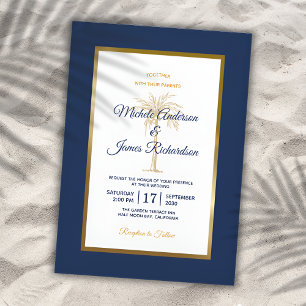 Elegant Navy Blue Gold Palm Tree Modern Weddenscha Kaart