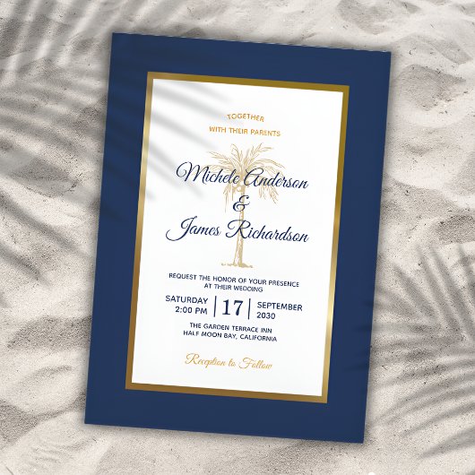 Elegant Navy Blue Gold Palm Tree Modern Weddenscha Kaart