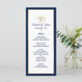 Elegant Navy Blue Gold Palm Tree Modern Weddenscha Menu (Staand voorkant)