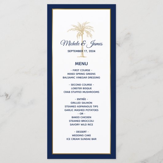 Elegant Navy Blue Gold Palm Tree Modern Weddenscha Menu (Voorkant)