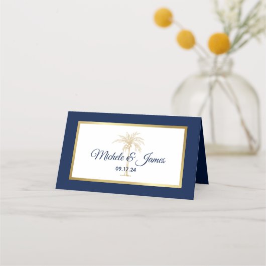 Elegant Navy Blue Gold Palm Tree Modern Weddenscha Plaatskaartje (Voorkant)