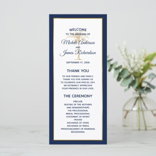 Elegant Navy Blue Gold Palm Tree Modern Weddenscha Programmakaart (Staand voorkant)