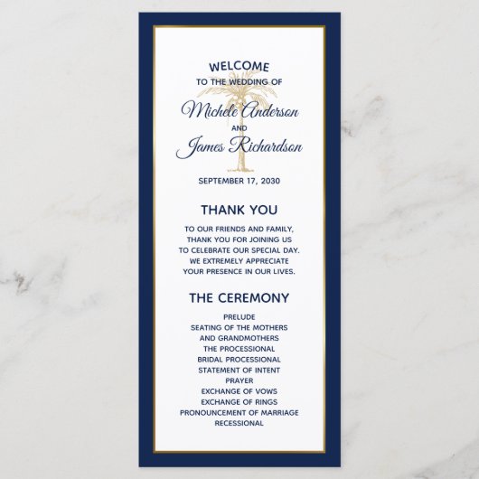 Elegant Navy Blue Gold Palm Tree Modern Weddenscha Programmakaart (Voorkant)