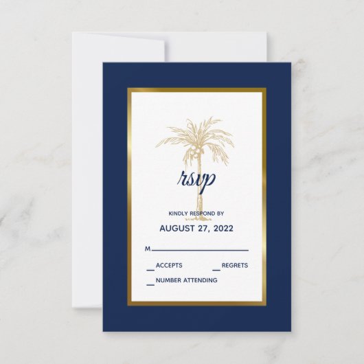 Elegant Navy Blue Gold Palm Tree Modern Weddenscha RSVP Kaartje (Voorkant)