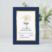 Elegant Navy Blue Gold Palm Tree Modern Weddenscha RSVP Kaartje (Staand voorkant)