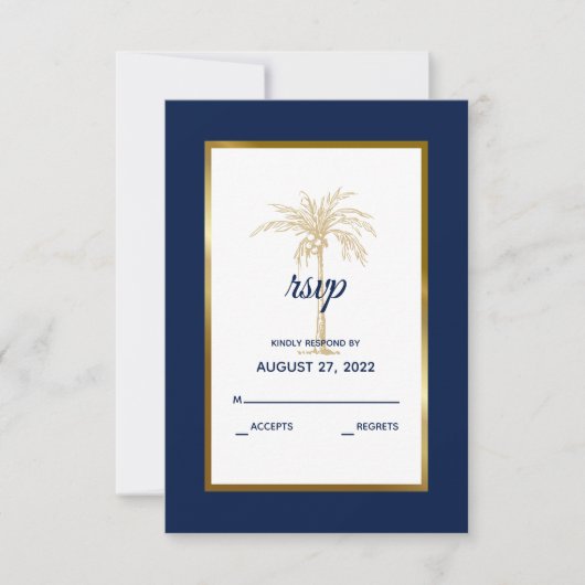 Elegant Navy Blue Gold Palm Tree Modern Weddenscha RSVP Kaartje (Voorkant)