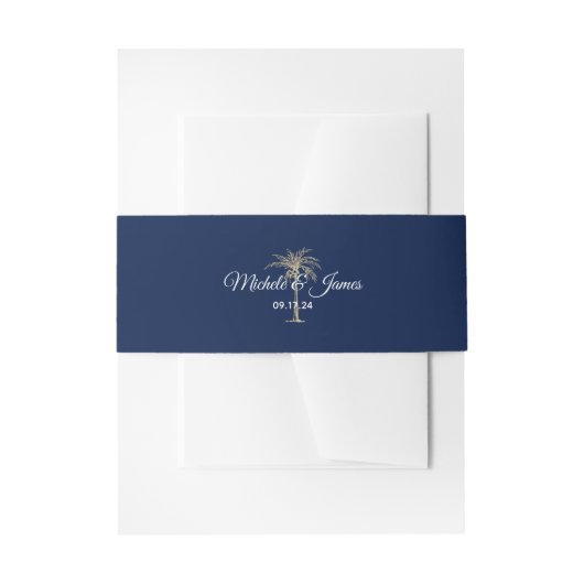 Elegant Navy Blue Gold Palm Tree Modern Weddenscha Uitnodigingen Wikkel (Voorkant Voorbeeld)