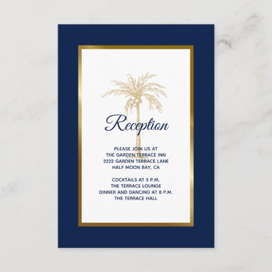 Elegant Navy Blue Gold Palm Tree Weddenschap Informatiekaartje (Voorkant)