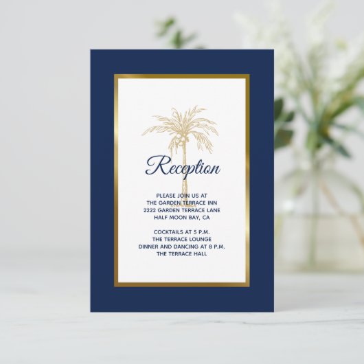 Elegant Navy Blue Gold Palm Tree Weddenschap Informatiekaartje (Staand voorkant)