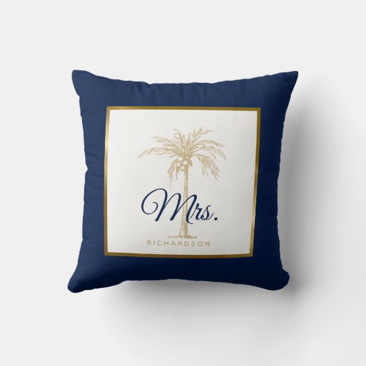 Elegant Navy Blue Gold Palm Tree Wedding Mrs. Kussen (Achterkant)