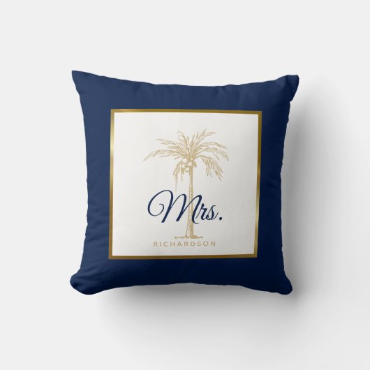 Elegant Navy Blue Gold Palm Tree Wedding Mrs. Kussen (Voorkant)