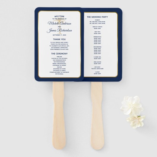 Elegant Navy Blue Gold Palm Tree Wedding Programme Handwaaier (Voorkant en achterkant)