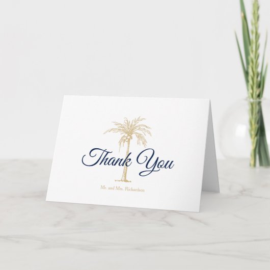 Elegant Navy Blue Gold Palm Tree Weduwfoto Bedankkaart (Voorkant)