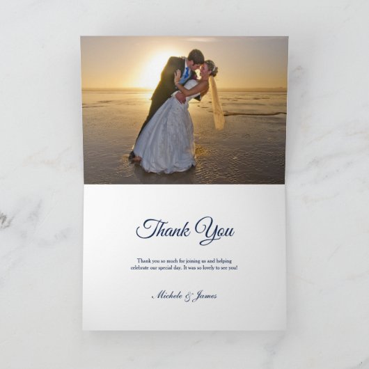 Elegant Navy Blue Gold Palm Tree Weduwfoto Bedankkaart (Binnen)