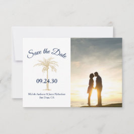 Elegant Navy Blue Gold Palm Tree Weduwfoto Save The Date