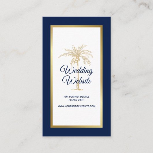 Elegant Navy Blue Gold Palm Tree Weduwwebsite Informatiekaartje (Voorkant)