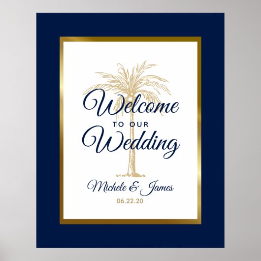 Elegant Navy Blue Gold Palm Tree WeduwWelkomstwoor Poster (Voorkant)