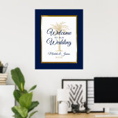Elegant Navy Blue Gold Palm Tree WeduwWelkomstwoor Poster (Thuiskantoor)
