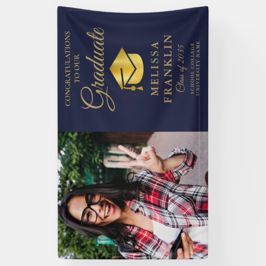 Elegant Navy Blue Gold Photo Afstuderen Banner (Verticaal)