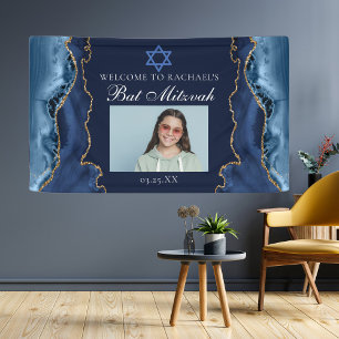 Elegant Navy Blue Gold Photo Bat Mitzvah Party Spandoek