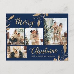 Elegant Navy Blue Gold Photo Collage Kerstmis Briefkaart