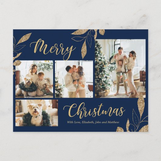 Elegant Navy Blue Gold Photo Collage Kerstmis Briefkaart (Voorkant)