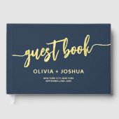 Elegant Navy Blue Gold Photo Minimalist Script Gastenboek (Voorkant)