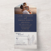 Elegant Navy Blue & Gold Photo Wedding  All In One Uitnodiging (Binnen)
