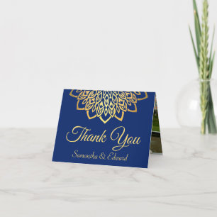 Elegant Navy Blue Gold Photo Wedding Bedankkaart