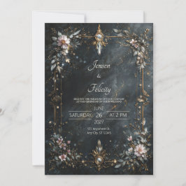 Elegant Navy Blue Gold Pink Floral Night Wedding Kaart